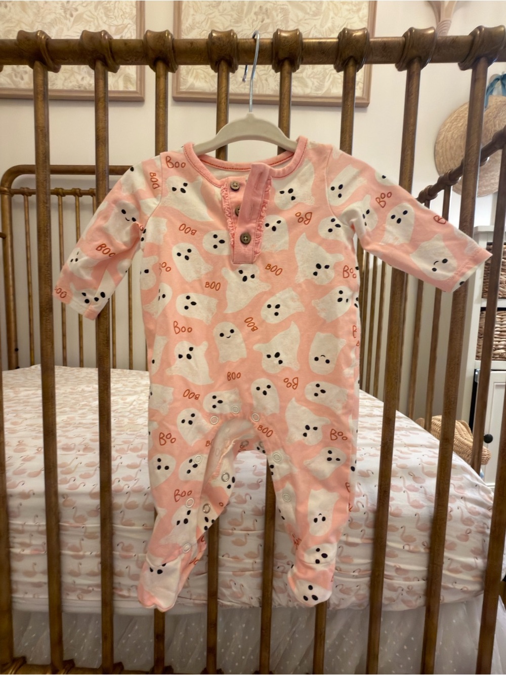 Mud Pie Pink/Orange Ghost Print Footed Romper 0-3M